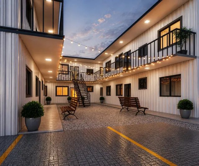 Projeto 3D das áreas comuns de conjunto residencial com bancos e jardineiras
