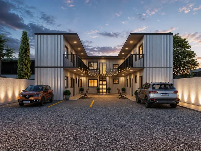 Projeto 3D de conjunto residencial com fachada em painéis brancos e estacionamento