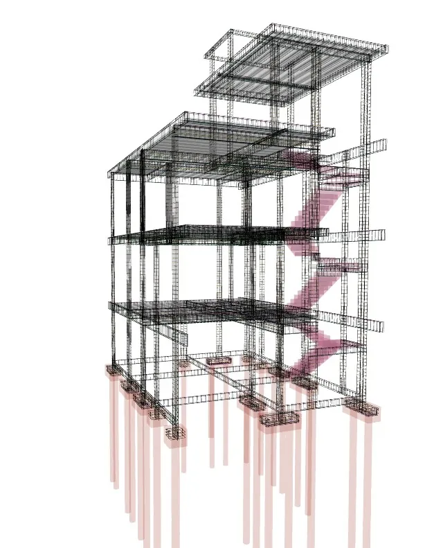 Modelo 3D do detalhamento de armaduras e escada de edificação