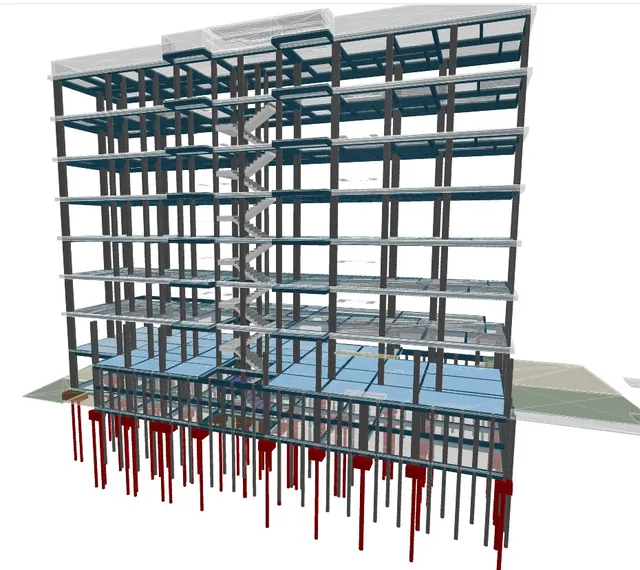 Modelo 3D do projeto estrutural de edifício de múltiplos pavimentos com fundação profunda