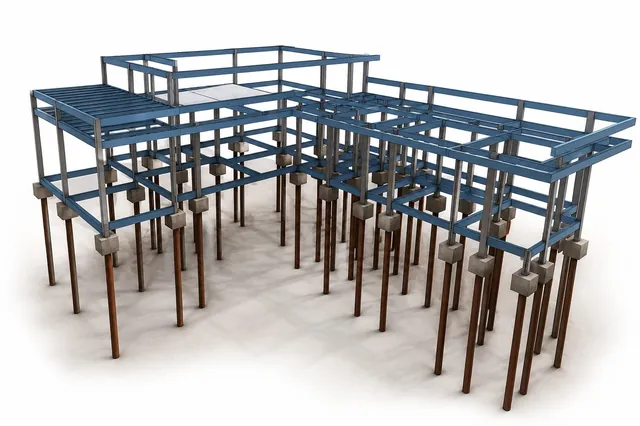 Modelo 3D de fundação com blocos e estacas