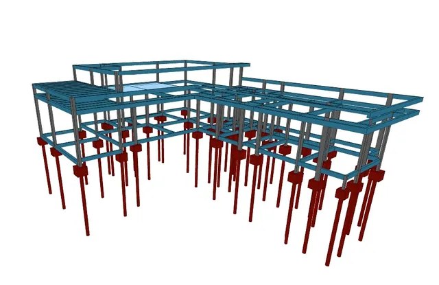 Modelo 3D do projeto estrutural com fundações em estacas e vigas de um pavimento