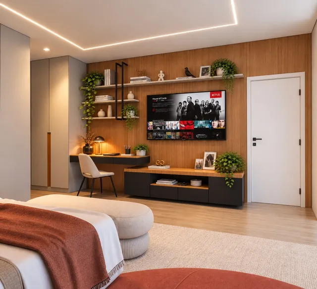 Projeto de interiores de suíte com home office e painel de TV em madeira