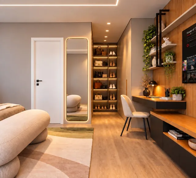 Projeto de interiores de suíte com closet, espelho e bancada de estudos