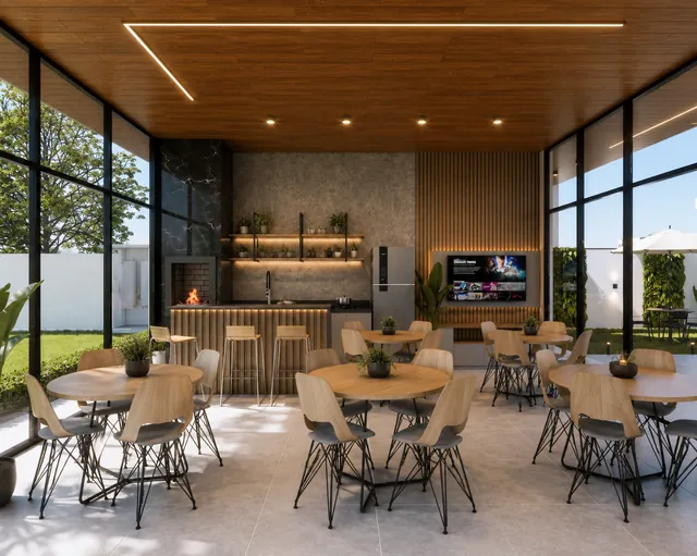 Projeto 3D de espaço gourmet com forro em madeira e grandes vidros
