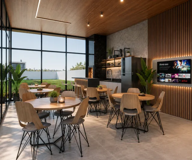 Projeto 3D de espaço gourmet com painel ripado, bancada e mesas