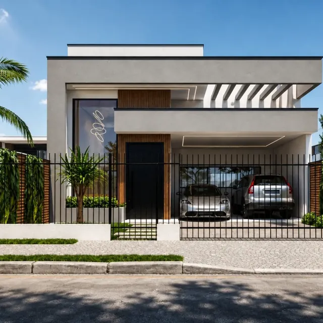 Projeto 3D de fachada de residência contemporânea de alto padrão em vista diurna