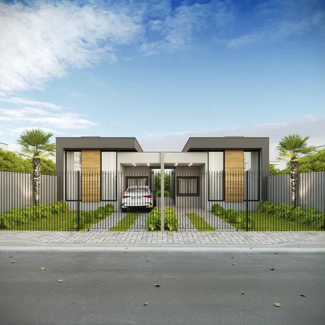 Projeto 3D de casas geminadas com fachada contemporânea e muro gradeado