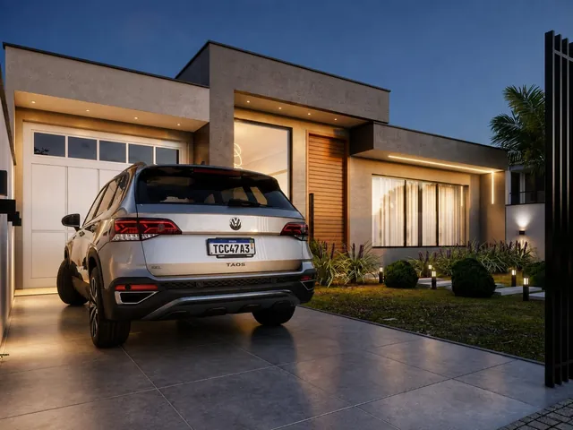 Projeto 3D de residência térrea com revestimento em madeira e garagem coberta