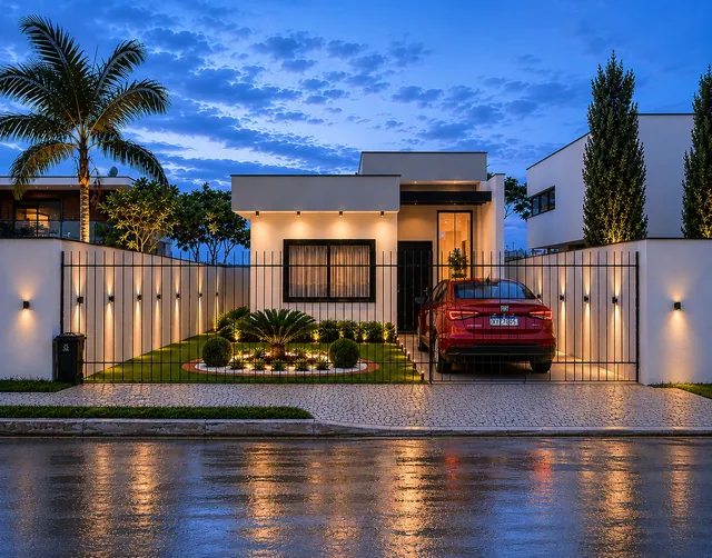 Projeto 3D de residência térrea com muro iluminado e jardim paisagístico